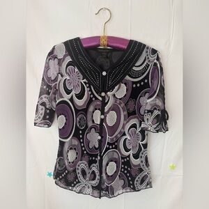 Y2K Purple+Black Whimsigoth Cottagecore Floral Jeweled Fairy Blouse Women Size S